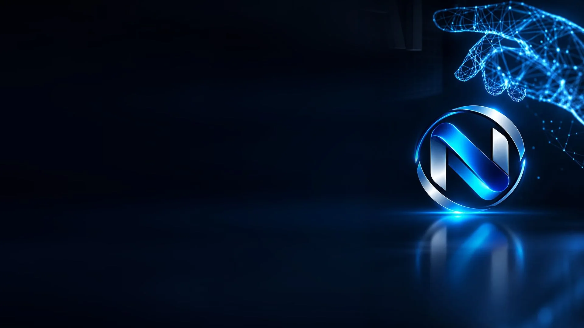 Logo de NexcoreIA iluminado, con una mano digital que se acerca a tocarlo